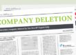 Newspaper headline "Company Deletion" with Estonian flag and documents, showing 1Office solution for deleted companies in Estonia.