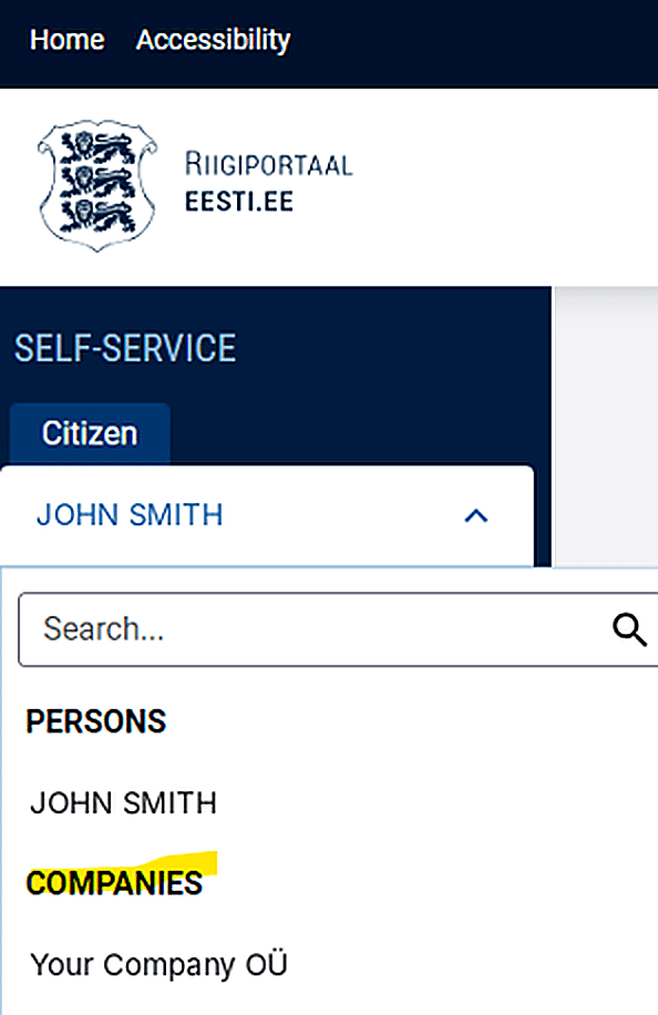 eesti.ee — left menu showing Persons and Companies sections, with Your Company OÜ listed under Companies