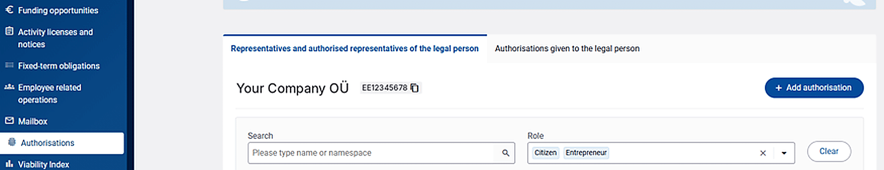 eesti.ee — Authorisations page showing Your Company OÜ with the Add authorisation button