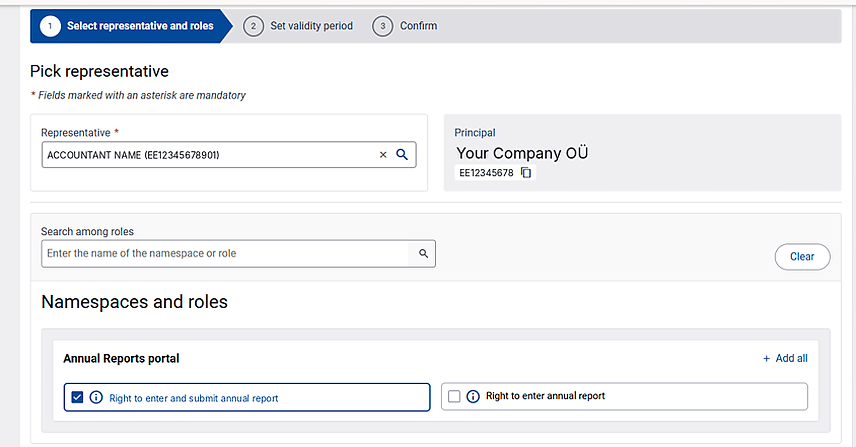 eesti.ee — Pick representative form showing accountant's name and identification code entered, with Right to enter and submit annual report ticked under Annual Reports portal