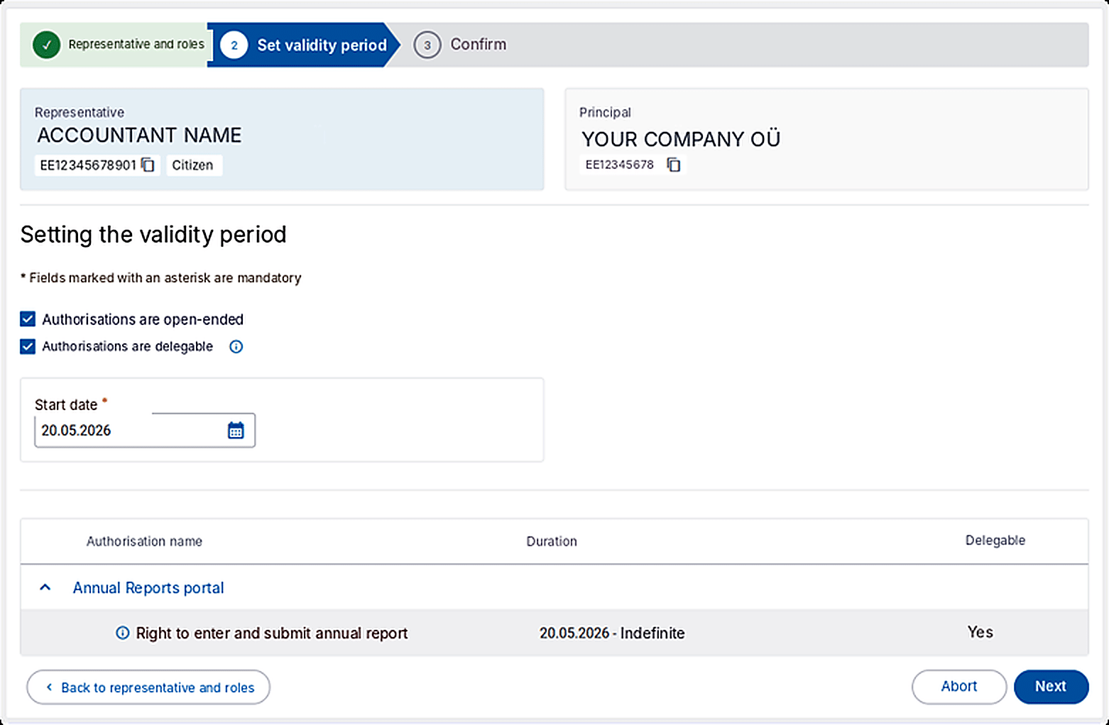 eesti.ee — Set validity period screen showing Authorisations are open-ended and Authorisations are delegable both ticked, start date filled in, summary showing Right to enter and submit annual report as Indefinite and Delegable Yes