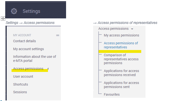 e-MTA — Settings menu with Access permissions highlighted, and submenu showing Access permissions of representatives