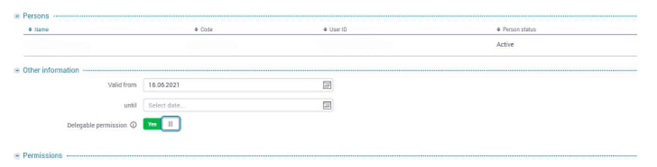 e-MTA — Persons section and Other information section showing Delegable permission toggle set to Yes