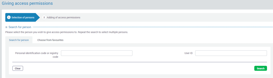 e-MTA — Giving access permissions form with search field for personal identification code