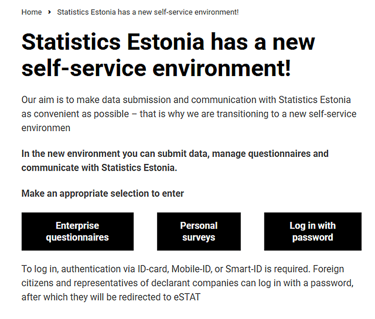 Statistics Estonia self-service landing page showing three options: Enterprise questionnaires, Personal surveys, and Log in with password
