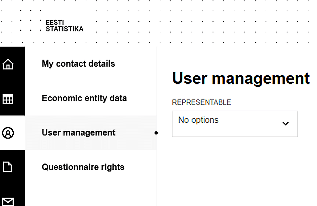 Statistics Estonia portal left menu showing My contact details, Economic entity data, User management, and Questionnaire rights options, with User management selected